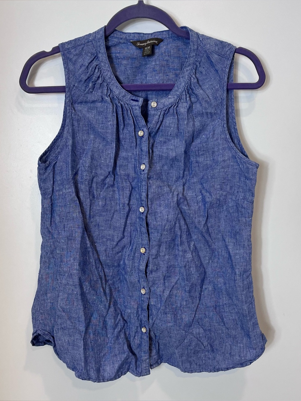 Tommy Bahama Linen Coastalina Sunset Chambray Sleeveless Shirt Blue Button Front